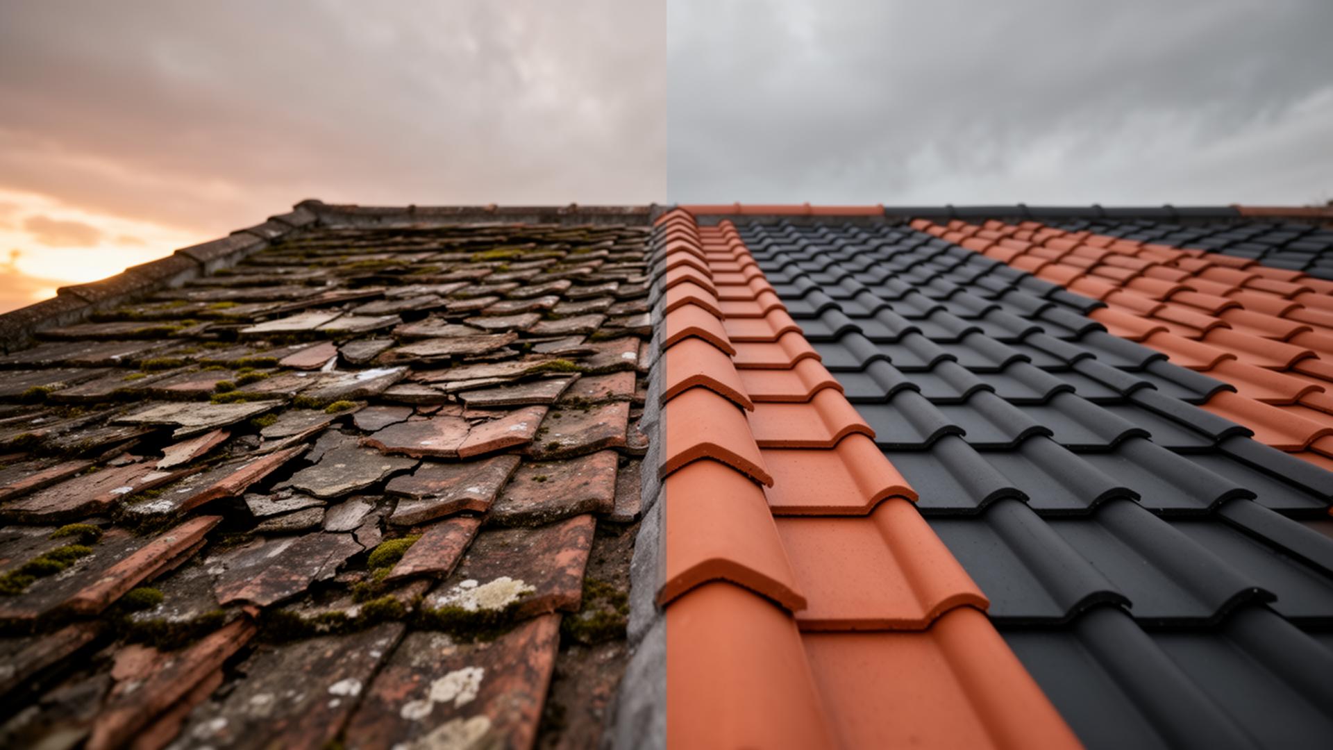 Before and after tile re-roof — upward view of weathered tiles transformed into a new roof